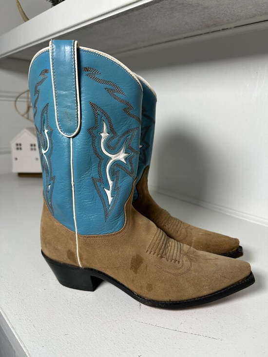 Dan Post Cowgirl Boots Womens 8.5M Genuine Cowhide Tan Blue Western Suede - Picture 5 of 9